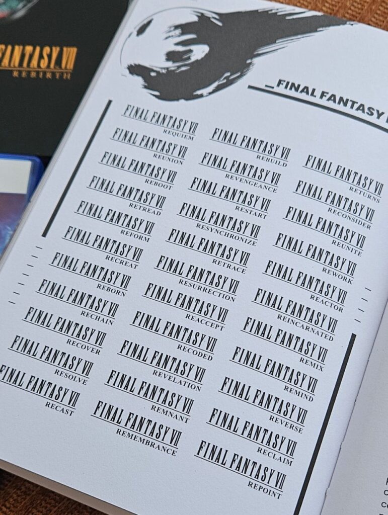 Page du livre ivre La Saga Final Fantasy Rebirth présentant les suggestions de titres pour le prochains jeu.
